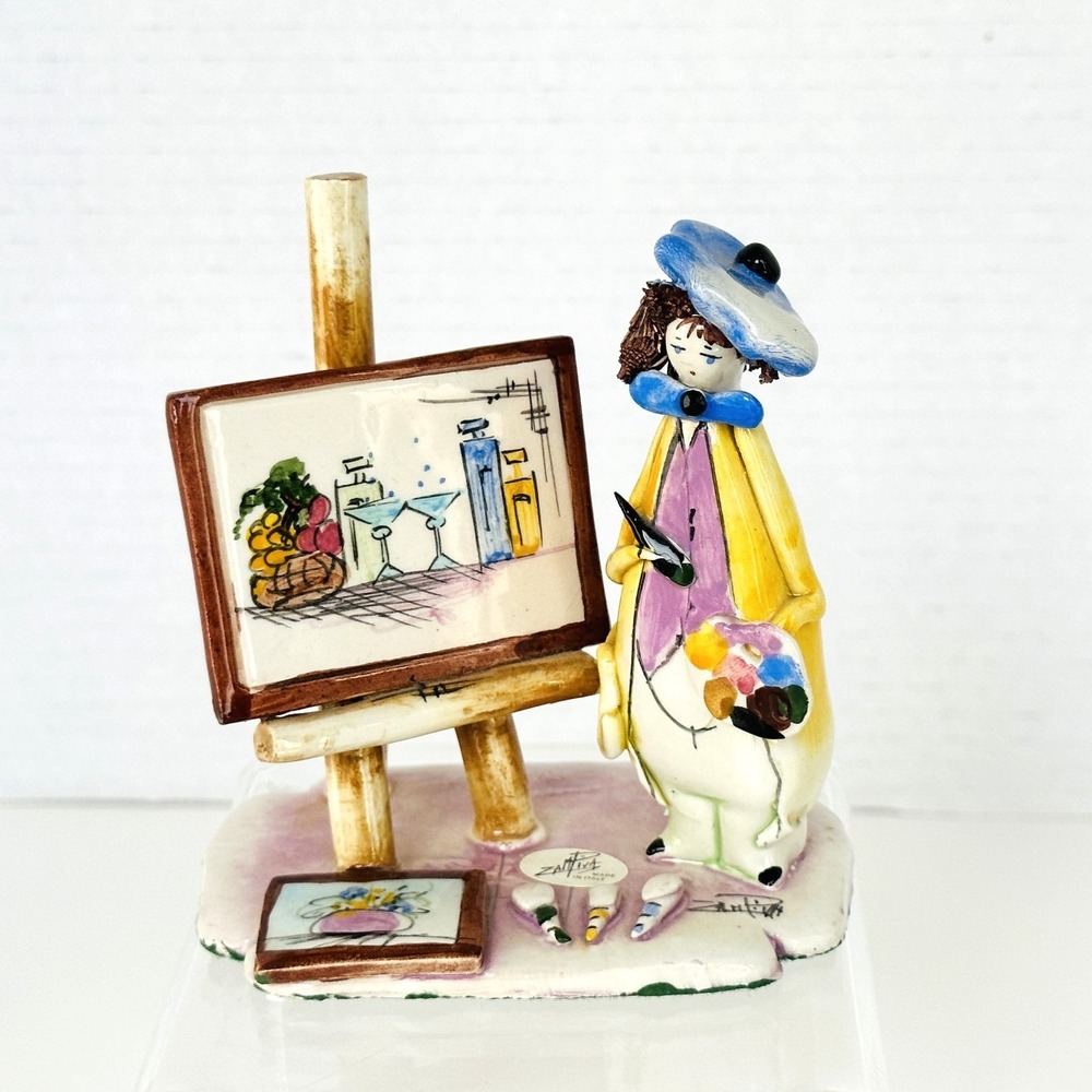 Vtg Lino Zampiva Lady Artist W/Art Palette Easel Brown Spaghetti Hair Signed